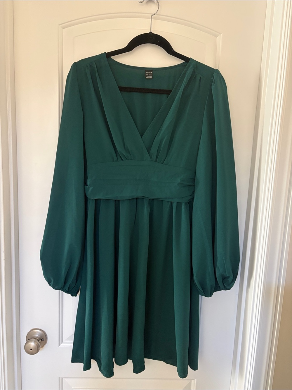 SHEIN Teal Long Sleeve V-Neck Empire Waist Dress